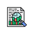 Charts and graphs, document with statistic and magnifying glass flat color icon. Royalty Free Stock Photo