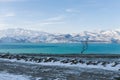 Charvak reservoir in winter in Uzbekistan. Beautiful winter landscape, postcard