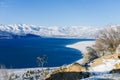 Charvak reservoir in winter in Uzbekistan . Beautiful winter landscape. The Tien Shan mountain system in Central Asia Royalty Free Stock Photo