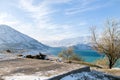 Charvak reservoir in winter in Uzbekistan. Beautiful winter landscape. The Tien Shan mountain system in Central Asia Royalty Free Stock Photo