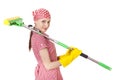 Charwoman with mop on white Royalty Free Stock Photo