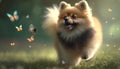 Chasing Butterflies: Adorable Pomeranian Dog on a Green Meadow