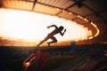 Chasing Glory: Silhouette of an Athlete, Primed for Speed, Standing Tall Amidst the Luminous Dusk at a Modern Sports Stadium. Warm