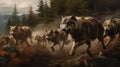 Chasing pack of wolves created with Generative AI. A lot of big dangerous and hungry wolves in a forest.