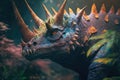 Chasmosaurus Colorful Dangerous Dinosaur in Lush Prehistoric Nature by Generative AI