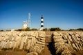 Phare de Chassiron. Island D`Oleron in the French Charente with striped lighthouse. France. Top of the lighthouse with signal lens Royalty Free Stock Photo