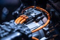 Chassis of the electric car with powertrain and power connections closeup. Blue toned. EV car drivetrain at maintenance. Royalty Free Stock Photo