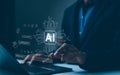 Chat with AI or Artificial Intelligence technology. Man touching chatting virtual with an intelligent artificial intelligence asks