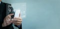 Chat ai concept. Businessman chats with AI on a smartphone. Chatting with a smart artificial intelligence, a customer chatbot