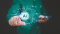Chat with AI technology, User touch the virtual screen with Ai symbol for cybersecurity internet connect chatbot.