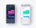 Chat app screen in light and dark mode, gradient text box with keyboard in flat style. Vector mobile phone mock up with