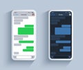 Chat app template in dark and light theme on white phone. Short text speech bubble concept, vector messanger in Royalty Free Stock Photo