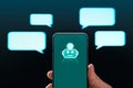 Chat bot. AI chatbot customer service. Live support, assistant and online help on website. Messages and mobile phone with robot.