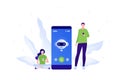 Chat bot ai and customer service support concept. Vector flat person illustration. Man and woman hold smartphone. Chatbot on