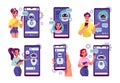 Chat bot. AI robot. People with smartphones. Chatbot technology for customers support. Digital text assistant. Mobile