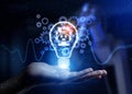 Chat Bot Automating Customer Interaction and Support with Human Hand Holding Lamp Hologram