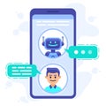 Chat bot communication. Smartphone chatting with conversation bot, chat assistant bot at cellphone screen, robots sms