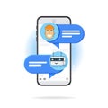 Chat bot concept in flat style. Man chatting with a chatbot on a smartphone. User conversation with the bot in the messenger.