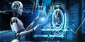 Chat-bot customer service automation RPA concept. Robot pressing button on screen 3d render