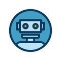 Chat bot icon. Outline robot sign in blue circle.