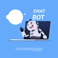 Chat Bot Service Cute Robot In Laptop Computer Template Banner With Copy Space, Chatter Or Chatterbot Technical Support