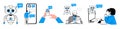 Online communication with ai chat bot vector set. Royalty Free Stock Photo