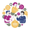 Chat concept illustration. Doodle young people with speech bubbles. Man and woman talking, texting, taking selfie. Vector flat Royalty Free Stock Photo