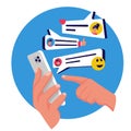Chat concept. Man hold in hand smartphone. Text bubble. Vector.