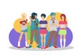 Chat concept for texting, leaving comment and memes concept flat vector illustration of young teenagers using mobile smartphone fo Royalty Free Stock Photo