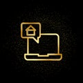 Chat, dialogue, house gold icon. Vector illustration of golden particle background. Real estate concept vector illustration