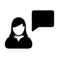 Chat icon vector female person profile avatar with speech bubble symbol for discussion and information in flat color glyph Royalty Free Stock Photo