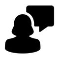 Chat icon vector female person profile avatar with speech bubble symbol for discussion and information in flat color glyph Royalty Free Stock Photo