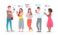 Chat internet communication set, cartoon young people chatting in social media messenger phone app Royalty Free Stock Photo