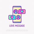 Chat with love messages on smartphone: speech bubbles with hearts in Valentine`s day. Modern vector illustration