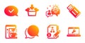 Chat message, Idea and Coffee maker icons set. Algorithm, Get box and Approved message signs. Vector