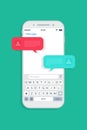 Chat message in phone. Bubble for text in mobile. Chatbot with popup sms in smartphone. Notification in cellphone screen. App for