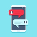 Chat message on smartphone. Mobile phone chatting, people texting messages and sms bubble on phones screen vector flat Royalty Free Stock Photo