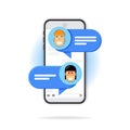 Chat message on smartphone. Vector illustration, flat cartoon sms bubbles on mobile phone screen, on white background. Man Royalty Free Stock Photo