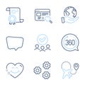 Chat message, Website search and 360 degrees icons set. Smile face, Gears and Airplane signs. Vector