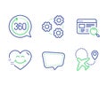 Chat message, Website search and 360 degrees icons set. Smile face, Gears and Airplane signs. Vector