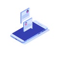 Chat messages notification on phone isometric concept