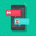 Chat messages notification on smartphone vector illustration, flat cartoon sms bubbles on mobile phone screen, man Royalty Free Stock Photo