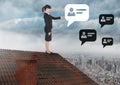 Chat profile bubbles and Businesswoman standing on Roof with chimney and cloudy city Royalty Free Stock Photo