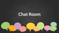 Chat room white text illustration with colourful empty callouts and black background