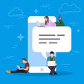 Chat talk concept illustration. Young people using mobile smartphone for sending messages to each other. Flat design of