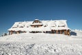 Chata Maraton hut on Lysa hora hill in winter Moravskoslezske Beskydy mountains in Czech republic Royalty Free Stock Photo