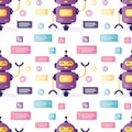 Chatbot application seamless pattern. Artificial intelligence says hi. Funny virtual assistant with various dialogues. Robot helps