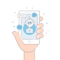 Chatbot , Artificial Intelligence or Virtual Assistant Application. Smartphone Held in Hand. Vector Flat Line