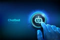 Chatbot assistant application. AI concept. Closeup finger about to press a button with robot chatbot head icon. Just push the Royalty Free Stock Photo