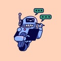 Chatbot assistant. Happy robot with tablet take notes. Conversation with AI in chat bot. Virtual helper writing answer